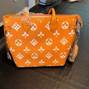 Orange Monogram Tote Bag with White Pattern, NEW, Fashion Bag
